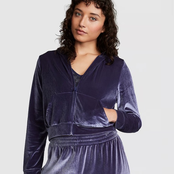 PINK VELOUR SHINE LOGO FULL-ZIP CROP HOODIE - Picture 2 of 2